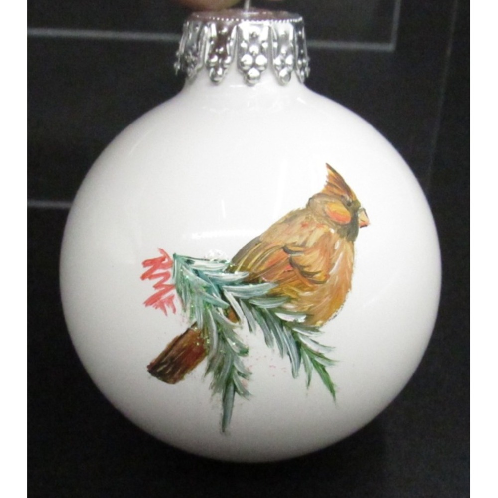 Glass Hand Painted Female Cardinal Bird Round Ball Christmas Ornament